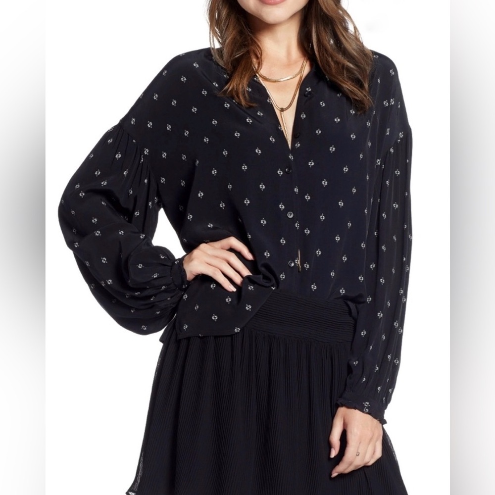 Something Navy Black & White Ruffle Viscose Button Down Top Office Fall